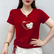 纯棉女士t恤短袖v领大码修身显瘦韩版洋气半袖，鸡心领体恤衫上衣服