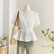 白色v领收腰短袖衬衫女2024夏季设计感小众系带洋气小衫上衣