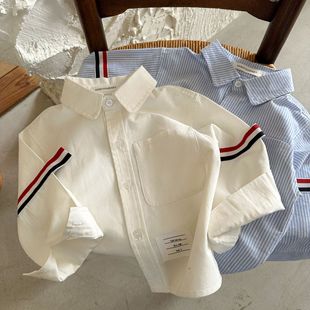 儿童白衬衫男童2024春季女小童，条纹口袋衬衫宝宝韩版衬衣外套