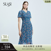 sussi古色夏季蓝色，x型短袖，雪纺灯笼袖印花连衣裙女