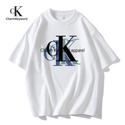 charmkeyword短袖男t恤2024美式夏季体恤白色，纯棉宽松上衣k