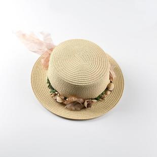 春夏季平顶花环女士短沿帽子户外海滩旅行小脸型遮阳女士草帽