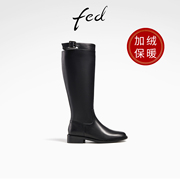 fed黑色长筒靴冬季靴子加绒时装靴真皮骑士靴女款R1204-ZF365