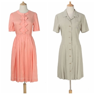 vintage古着孤品日本复古高腰，短袖百褶中长裙，连衣裙甜美纯色森女