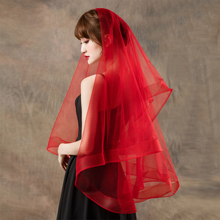 时尚简约单层头纱韩式半透明红盖头拍照写真，结婚头饰新娘红色头纱
