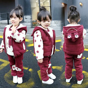 韩版洋气男女童卫衣套装加绒加厚宝宝三件套婴儿童外套带帽秋冬季