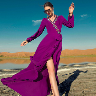 ba7069玫紫色荷叶边斜襟，缝钻长裙迪拜中东连衣裙