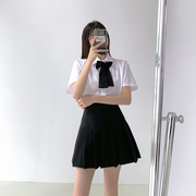大码jk制服短袖衬衫女夏学生，薄款+半身裙短裙，黑色百褶裙时尚套装