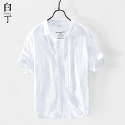 夏季日系复古薄款高级感纯色休闲亚麻短袖衬衫男白色半袖棉麻衬衣