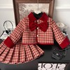 2023冬季红色拜年童装，女童小香风格子套装，洋气千鸟格加厚两件套