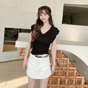 卡卡女装韩版夏季修身显瘦气质不规则V领飞袖T恤上衣