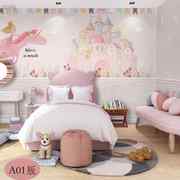 5d梦幻公主房壁纸卡通，粉色城堡儿童，房墙纸女孩卧室背景墙定制
