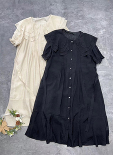 三层领纯色风琴褶短袖连衣裙女2023夏季系带，腰高腰纯棉衬衫裙