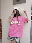 yanag23年粉色甜美纯棉做旧t恤大耳兔宽松休闲时尚设计师t恤