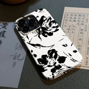 黑白新中式水墨花卉15promax手机壳，iphone15保护套14中式11文艺14promax简约13pro12磨砂菲林二合一