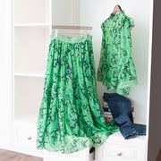 可拆分出售绿色印花真丝套装，木耳花边喇叭袖，衬衫蕾丝高腰半身裙