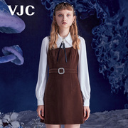 VJC/威杰思女装秋冬法式丝绒吊带裙咖色珍珠修身连衣裙