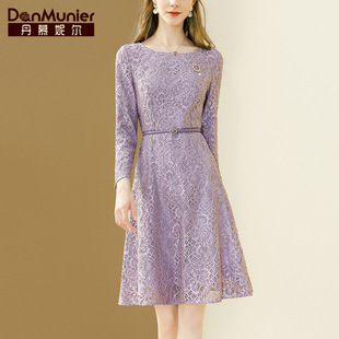 丹慕妮尔紫色法式高端轻奢蕾丝连衣裙女春秋气质收腰显瘦裙子