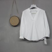 白色V领九分袖衬衫女套头常规通勤纯色上衣W055099