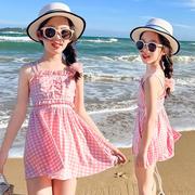 韩版儿童泳衣女童女孩裙式分体，格子学生可爱小中大童泡温泉游泳装