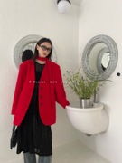 moment冬季韩版chic高级感小众大红色兔毛外套女配飘带围巾大衣女