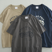 欧美摩托车创意印花t恤男夏季复古水洗纯棉，宽松半袖体恤短袖上衣