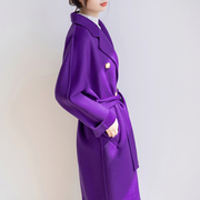 紫色西装领双排扣双面呢羊毛大衣中长款女系带宽松手工羊绒外套冬