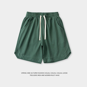 墨绿色高品质夏季纯色短裤，直筒宽松五分裤，阔腿休闲运动裤男女同款
