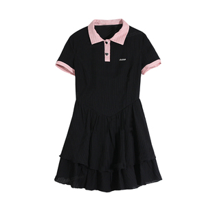 美式校园设计感收腰小黑裙绑带粉色polo领短袖连衣裙辣妹衬衫裙子