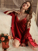 睡衣女春秋款金丝绒性感睡裙两件套装2023红色结婚新娘晨袍冬