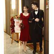 鱼尾裙敬酒服2024新娘酒(新娘酒)红缎面，日常可穿订婚礼服小个子连衣裙