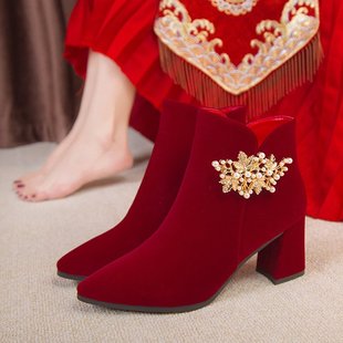 冬季婚鞋女低跟孕妇粗跟加绒酒红色两穿新娘高跟结婚短靴子不累脚