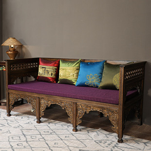 异丽东南亚风格全实木沙发组合泰式复古禅意泰国老榆木雕花家具