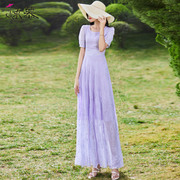 紫色雪纺绣花连衣裙长款2024夏季收腰气质，减龄到脚踝大摆长裙