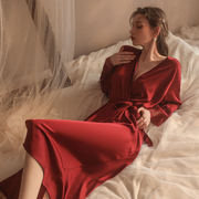 性感睡衣女式薄款过膝婚礼晨袍蕾丝外袍高级感红色睡袍长款家居服