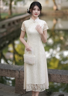 奥黛旗袍连衣裙夏季蕾丝中国风大码纯色年轻款2024年米色立领