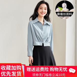 杭州气质真丝纯色衬衫女士春夏减龄高腰显瘦上衣设计感桑蚕丝衬衣