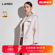 LANDI米白色羊毛连帽韩版短款毛呢外套女冬季大衣