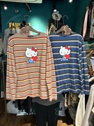 韩国可爱猫猫条纹宽松t恤23秋季卡通动漫套头打底衫上衣棉