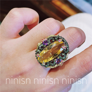 ninisn泰国入意大利工艺大颗异域，夸张黄水晶戒指沙弗莱红宝石纯银