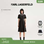 KARL LAGERFELD卡尔拉格斐2023夏季珠链装饰翻领短袖连衣裙黑