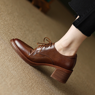 kmeizu简约法式深口小皮鞋，女英伦风尖头真皮，系带粗跟德比休闲单鞋