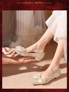2023时尚单鞋女平底鞋香槟金色水晶新娘公主婚纱两穿不累脚