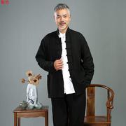 夏季亚麻中国风唐装男长袖，练功套装男式盘扣，居士立领中式太极衬衫