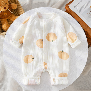 婴儿棉纱长袖连体衣0-1岁夏季薄款满月宝宝纱布家居睡衣空调服A类