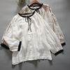 日系复古文艺风拼色圆领系带娃娃衫褶皱灯笼袖宽松麻料长袖衬衫