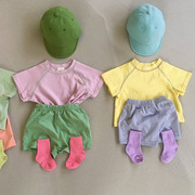 韩版男女宝宝短袖糖果色，t恤宽松休闲套装，婴幼儿洋气短裤两件套潮