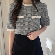 韩国chic春季复古圆领套头，混色编织设计感宽松泡泡袖短款衬衫上衣