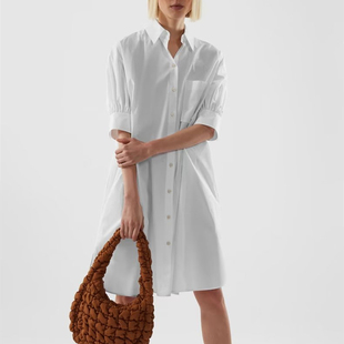 西班牙女装春夏宽松版型休闲风棉质五分，袖衬衫式白色连衣裙