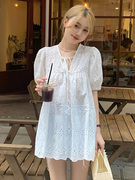 夏季女装韩版批发设计感泡泡短袖娃娃衫蕾丝镂空中长款衬衫潮